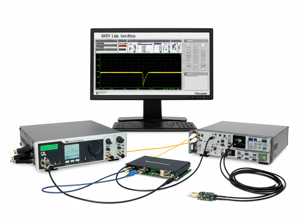 SDR Lab Equipment with spectrum analyzer, USRP devices, and signal processing hardware